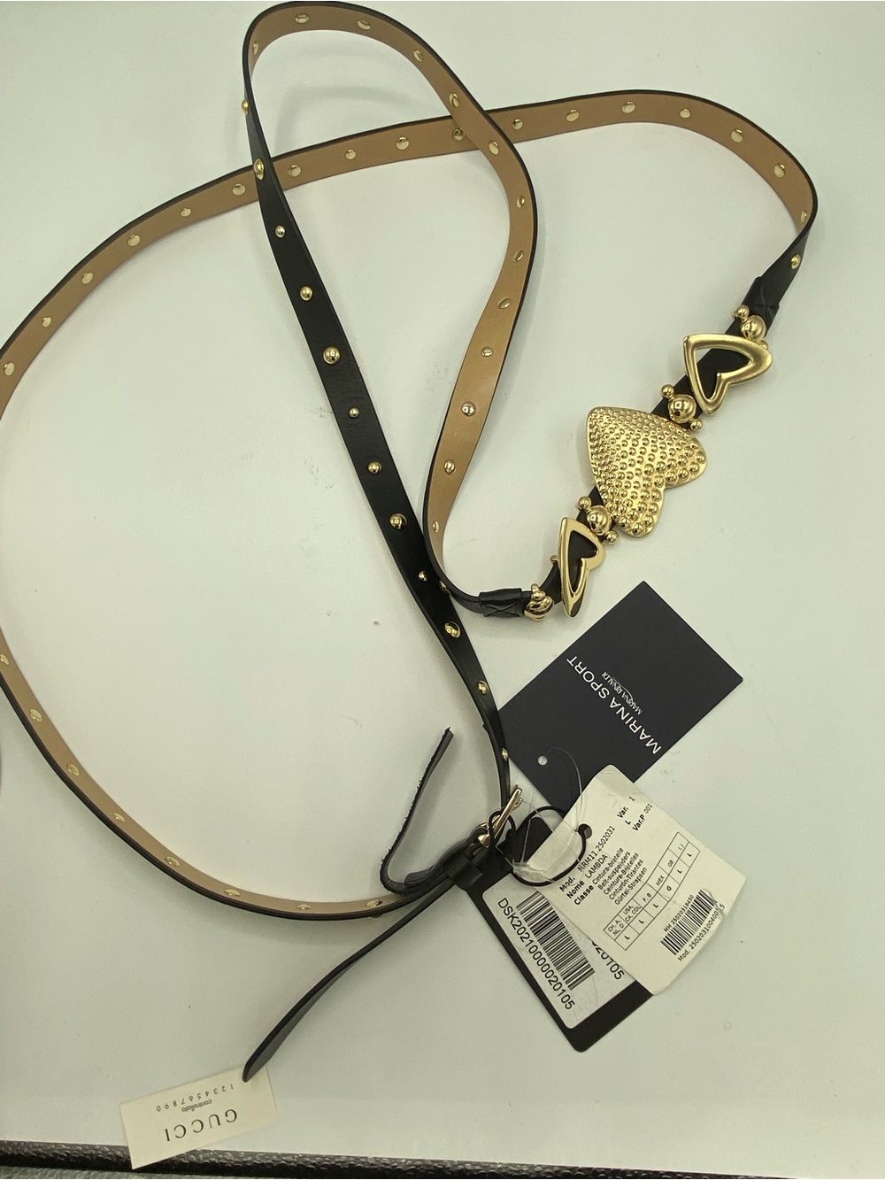 Marina Rinaldi Black Studded Leather Belt-suspenders Heart buckle Gold hardwar - Picture 3 of 9